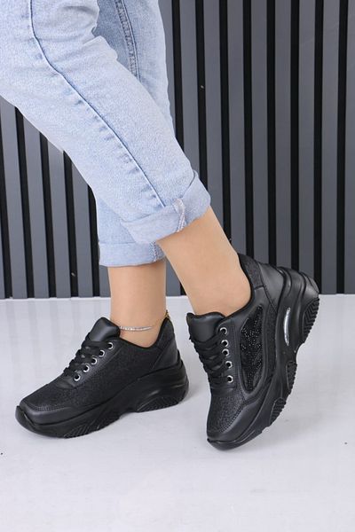 OBAY LİFE Women's Plain Black Skin Stone 7 cm Hidden Heel Orthopedic Sports Shoes Nbr4108