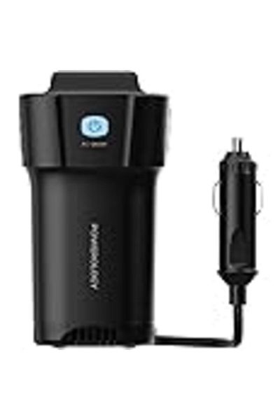 Powerology 150W Cup Holder Power Inverter - Dual USB-C & USB-A QC3.0 Ports, PD 30W,150W AC Output,12