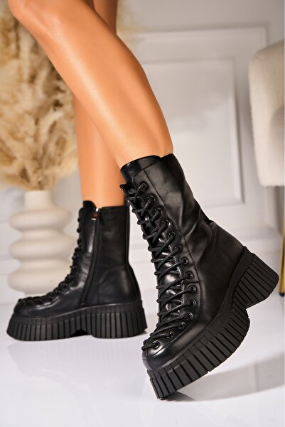 Joana Γυναικείες μαύρες μπότες με επένδυση γούνας από οικολογικό δέρμα Evalise