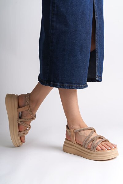 Joy Ayakkabı Elena Elastic Stone Striped Orthopedic Sole Women's Sandals Ctt - Skin