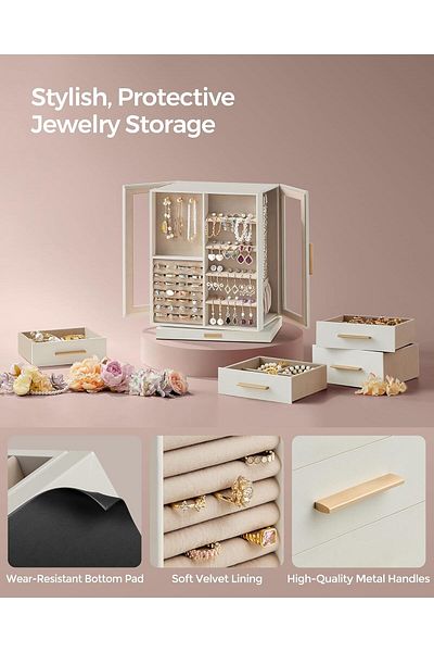 SONGMICS 360° Rotating Jewelry Box, with 5 Drawers and Windows, MDF and Velvet, 22x16x29 cm, White