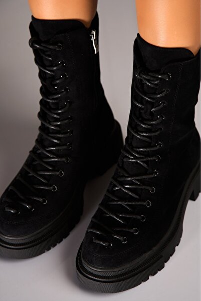 Joana Γυναικείες μαύρες μπότες με επένδυση γούνας από οικολογικό σουέτ δέρμα Roizy2