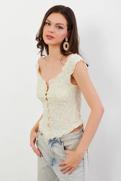 Cool & Sexy Women's Yellow Flounced Button Blouse Ked7324