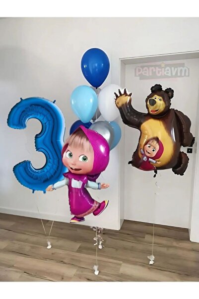 PARTİAVM 3 Yaş Maşa ve Koca Ayı Mavi Rakam Balon Seti Maşa ve Koca Ayı Temalı...