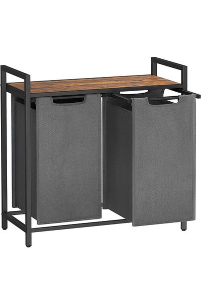 VASAGLE Cos de rufe, 2 compartimente, saci de rufe detasabili, 2x46L, 73x33x72 cm, maro