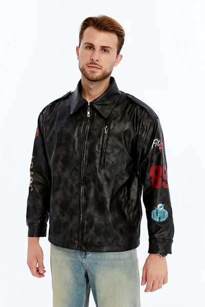 CHOS7N Men's Oversize Leather Coat Casual Printed Jacket Niche Compact Design