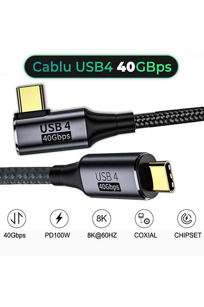Timebox Cablu de date și încărcare rapidă, USB 4, 100 W, 40 Gbps, unghi de 90°, Type-C la Type-C, 8K, 4K, 60 Hz, 1,2 m