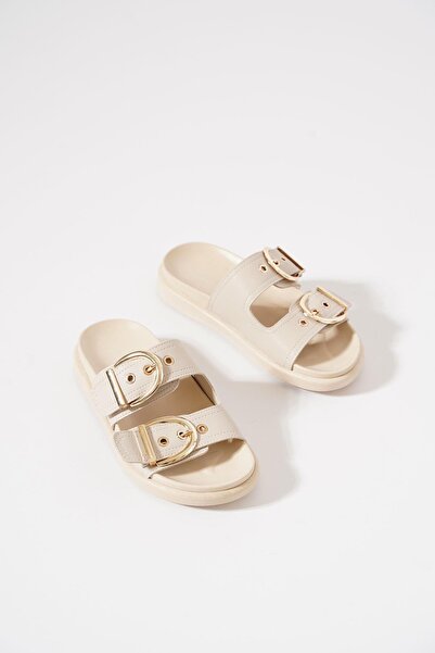 Moda Pie Meriliy D Buckle Γυναικείες Παντόφλες Μπεζ δέρμα