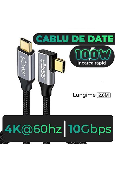 Timebox Cablu de date și încărcare rapidă, USB 3.2, 100W, 10Gbps, Type-C la Type-C, 4K 60Hz, 2m, Gri