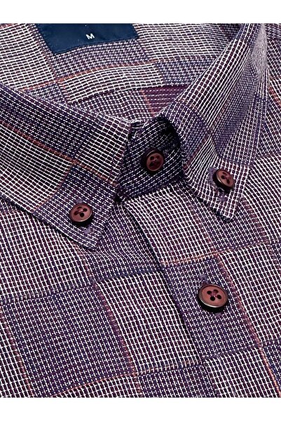 KAMER Men's Regular Fit Long Sleeve 100% Cotton Button Collar Single Pocket Plaid Bordo Shirt 3812R