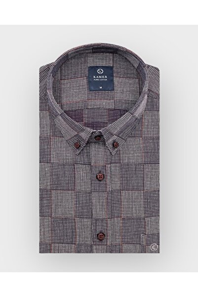 KAMER Men's Regular Fit Long Sleeve 100% Cotton Button Collar Single Pocket Plaid Bordo Shirt 3812R