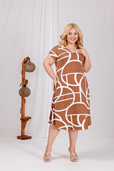 Siyezen Plus Size V-Neck Cotton Lycra Patterned Dress