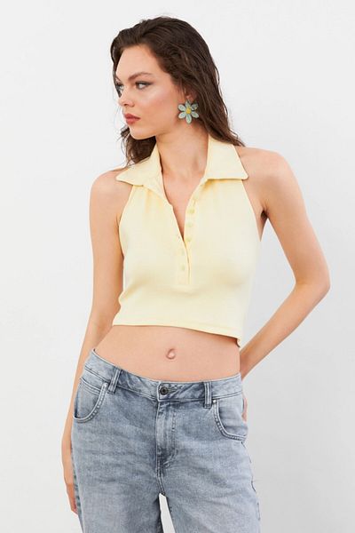 Cool & Sexy Women's Yellow Backless Buttoned Blouse Lpp1246-90