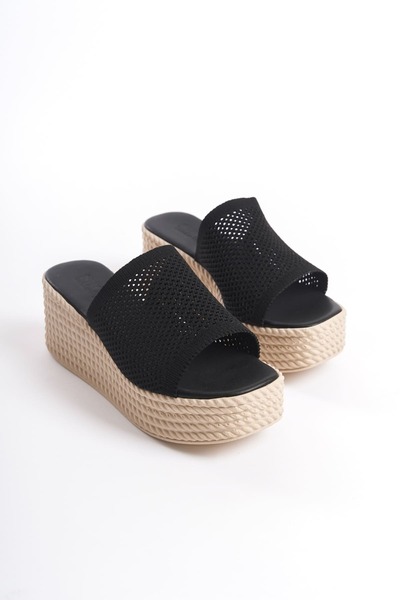Joy Ayakkabı Marla platform heel orthopedic sole wicker-looking knitted women's slippers tkt - black