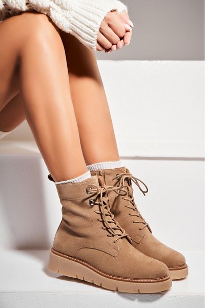 Joana Women's Khaki Fur-lined Boots Made of Eco-Suede Leather Clarice