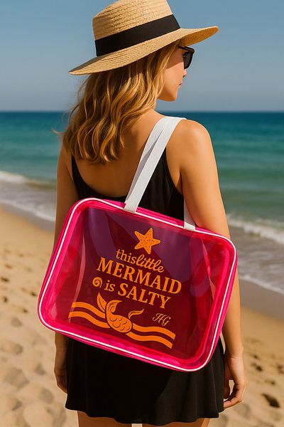 HİG HOME Pink Oversized Transparent Beach Bag |   Mermaid Printed, Waterproof, Vacation Bag