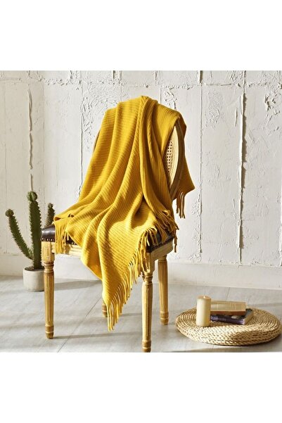 Yelajoy Art Knitted Stripes Blanket,Tassel Design Soft Blanket Polyester,Yellow,125x(150+10x2Tassels)cm