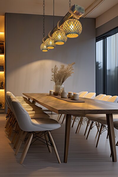 Celestia Rustik 4’lü Doğal Eskitilme Ahşap Avize El Yapımı Jüt Modern Lamba Sarkıt İskandinav Aydınlatma