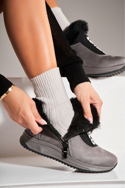 Joana Women's Grey Fur-lined Boots Made of Eco-Suede Leather Hania