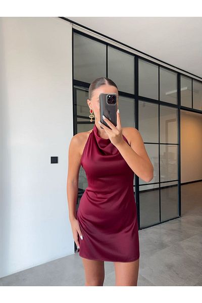 BB Bensu Buyruk Boyundan Tie-Dye Bordo Satin Dress