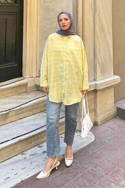 lamelif Oversize Stripe Detailed Shirt Yellow