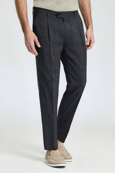 Hemington Keten Yün Karışım Siyah Klasik Dokuma Pantolon
