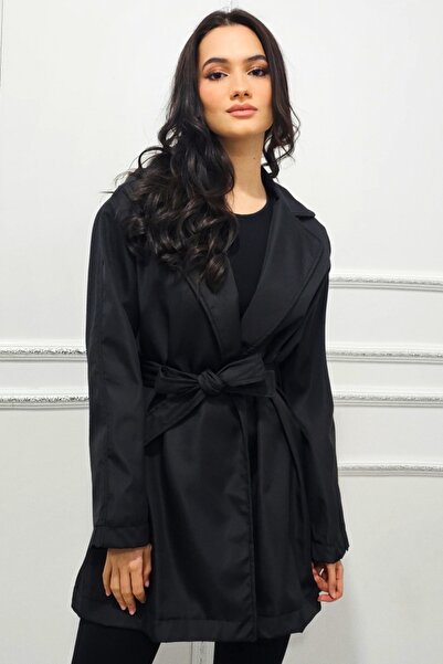 FashionForYou Marlene women's slim trench coat, with drawstring closure, Black