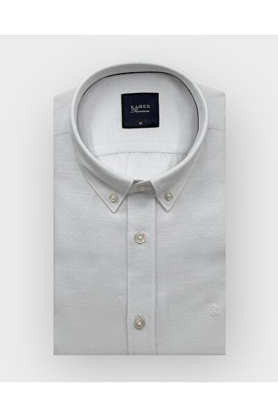 KAMER Men's Slim Fit Long Sleeve Button Collar Without Pocket Patterned White Shirt 2398B