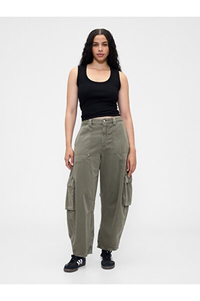 GAP Kadın Yeşil Mid Rise Barrel Kargo Pantolon
