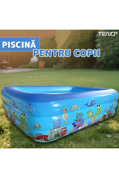 Teno Teno® Inflatable Children's Pool, soft floor, 3 rings, 180 x 140 x 60 cm, blue