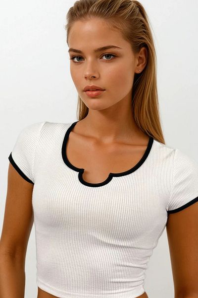 VAGGON Square Neck Short Sleeve Ribbed Crop Blouse