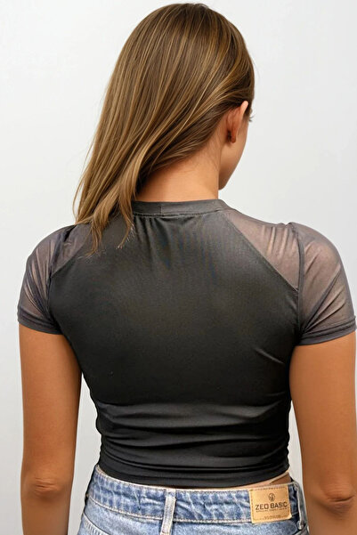 VAGGON Γυναικεία μπλούζα με λεπτομέρειες από μαύρο τούλι Vs00697