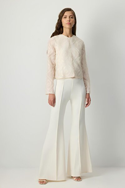 Touche Krem Nervürlü İspanyol Paça Pantolon mkn4008