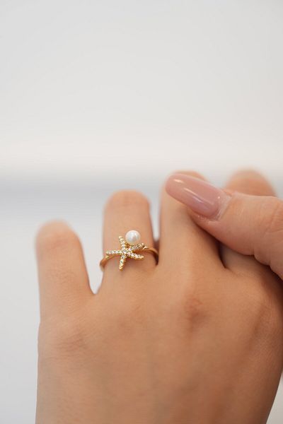 Ladies&Gentlemen Brass Gold Color Zircon Stone Starfish Model Pearl Detail Adjustable Ring