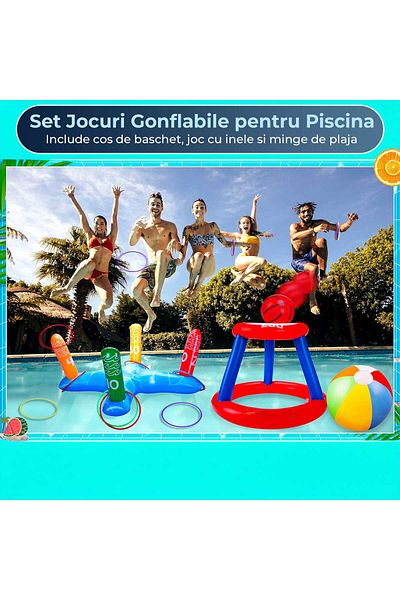 Timebox 3 in 1 Inflatable Pool Games Set – Floating Basketball Hoop, Ring Toss and 30 cm Beach Ball, Ideal f