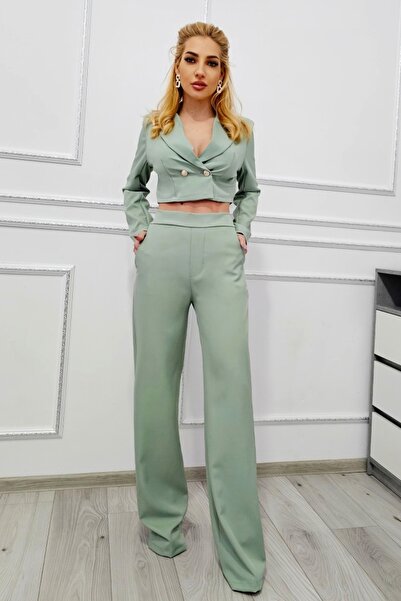 FashionForYou Costum business Elysian, cu sacou scurt si pantaloni wide leg, ...