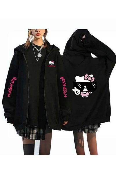 Touz Moda Ζακέτα με κουκούλα με φερμουάρ με στάμπα Kitty Oversize