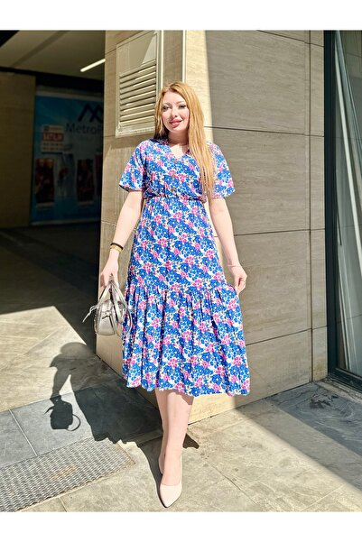 Moda Makkon Çiçek Desenli Yeni Sezon Midiboy Elbise %100 Pamuk Elbise