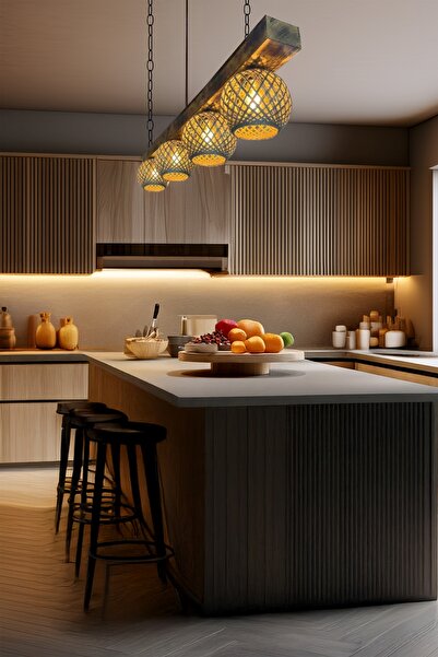 Celestia Rustik 4’lü Doğal Eskitilme Ahşap Avize El Yapımı Jüt Modern Lamba Sarkıt İskandinav Aydınlatma