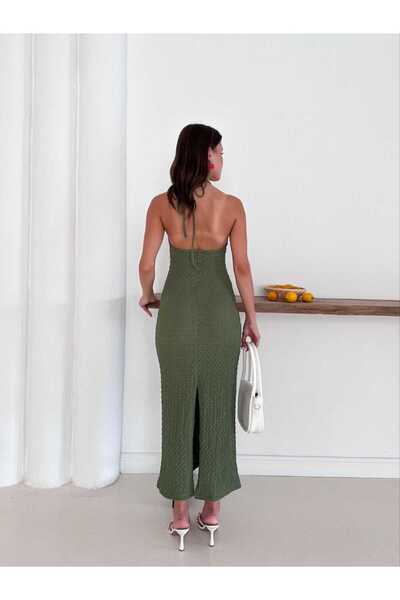 Elif giyim Boyundan Bağlamalı Arkası Yırtmaçlı Gofre Uzun Elbise