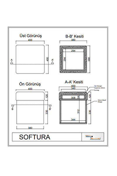 Nitro Furniture Softura Masif Ahşap Kaplamalı Modern Puf & Makyaj Taburesi (40x40x40)