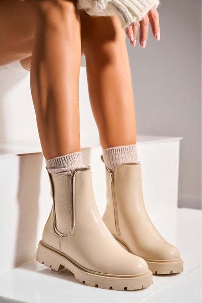 Joana Γυναικείες μπεζ μπότες με επένδυση γούνας από οικολογικό δέρμα Lenaya