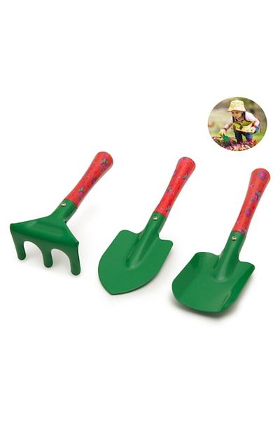 Flo Set of 3 Gardening Tools for Kids, Ergonomic Wooden Handle and Painted Metal Tip, Green