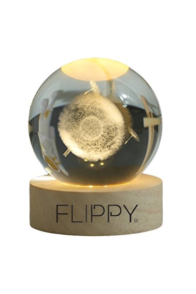 Danex Lampă LED decorativă — Glob de cristal 3D de 6 cm, păpădie, alimentată prin USB, bază din lemn, alb cald