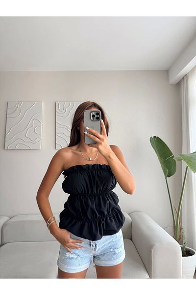 Zoom Butik Volanlı strapless crop - black