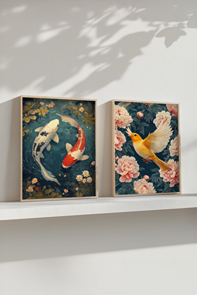 STARYUNA Dvodelni set slika sa drvenim okvirom koji prikazuju koi ribe i ptic...