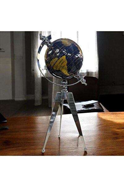 Peramari Dekoratif Metal İthal Üç Ayaklı Dünya Küre Gümüş