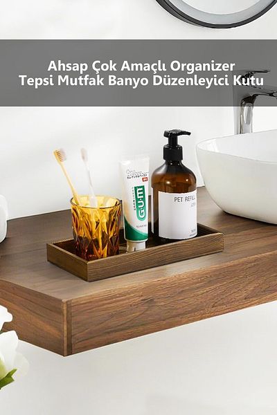 Moola Wood Tray Rectangular Countertop Organizer Bathroom Kitchen Stand Bathroom Organizer