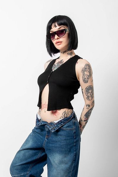 Bak Moda Button Detailed Zero Sleeve Black Vest