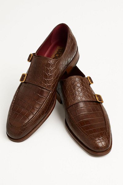 Deriderim Brown Crocodile Patterned Double Buckle Leather Shoes